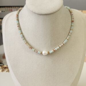 Gold Imperial Jasper And Freshwater Pearl Beaded Necklace